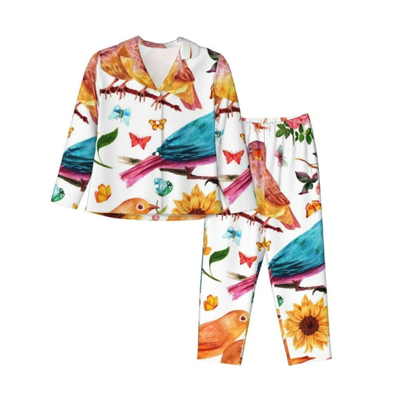 Kll Flowers Birds And Butterflies Print Women'S Long Sleeve Pajamas With Pants Sleepwear Loungewear 2 Set-Small
