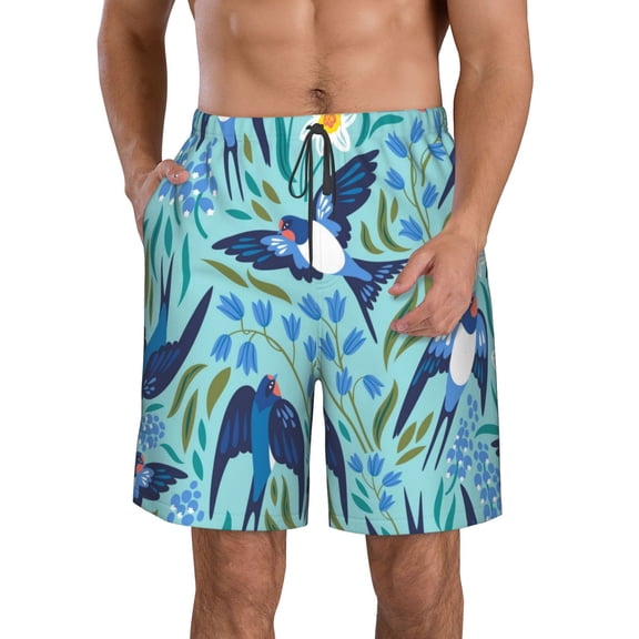 Kll Flying Swallows And Spring Flowers Men'S Casual Summer Beach Shorts Hawaiian Shorts With Pockets-Medium