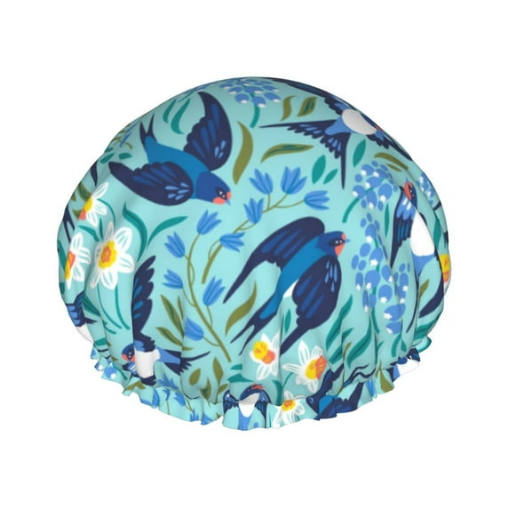 Kll Flying Swallows And Spring Flowers Pattern Shower Cap & Bath Cap For Women,Reversible Oversized Waterproof Shower Caps For All Hair Lengths,Elastic Reusable Bathing Hair Cap