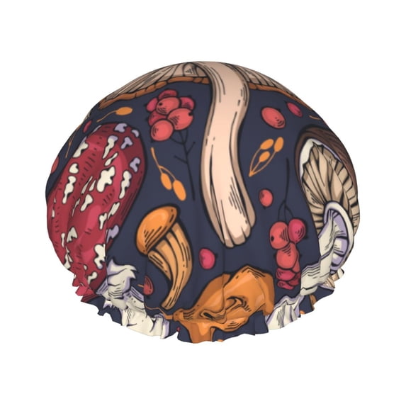 Kll Forest Wild Mushroom Pattern Shower Cap & Bath Cap For Women,Reversible Oversized Waterproof Shower Caps For All Hair Lengths,Elastic Reusable Bathing Hair Cap