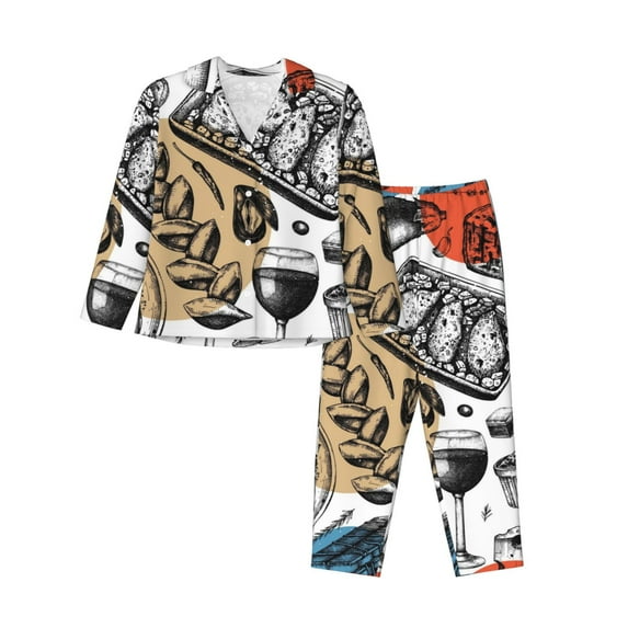 Kll French Food Print Women'S Long Sleeve Pajamas With Pants Sleepwear Loungewear 2 Set-Xx-Large
