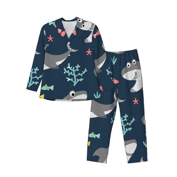 Kll Friendly Smiling Sharks Sleepwear Mens Flannel Pajamas,Long Cotton Pj Set