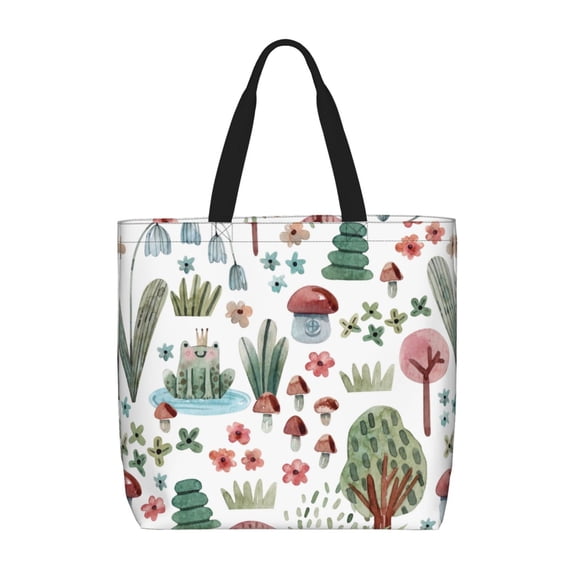 Kll Frog And Forest Plants Pattern Aesthetic Tote Bag For Women Beach Bag Shopping Bags Shoulder Bag Reusable Grocery Bags
