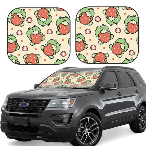 Kll Frog Hold Strawberry Windshield Sun Shade 2-Piece Foldable Car Front Window Sunshade For Most Sedans Suv Truck - Auto Sun Blocker Visor Protector Blocks Max Uv Rays - Small