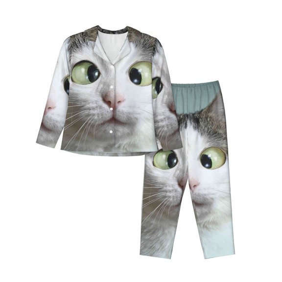 Kll Funny Cat Print Women'S Long Sleeve Pajamas With Pants Sleepwear Loungewear 2 Set-Xx-Large