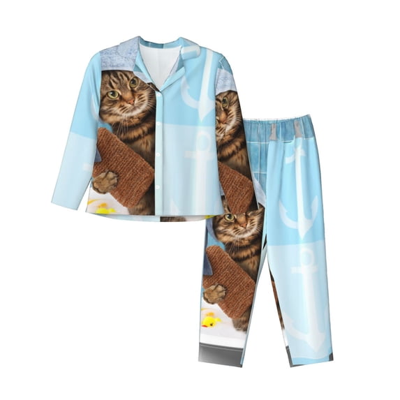 Kll Funny Cat Taking A Bath Print Women'S Long Sleeve Pajamas With Pants Sleepwear Loungewear 2 Set-Medium