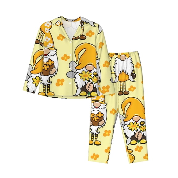 Kll Garden Honeybee Gnomes Print Women'S Long Sleeve Pajamas With Pants Sleepwear Loungewear 2 Set-Xx-Large