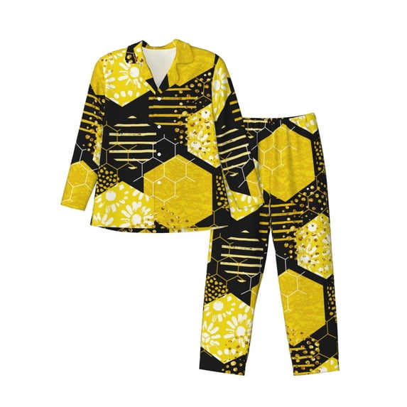 Kll Geometric Pattern With Bee Sleepwear Mens Flannel Pajamas,Long Cotton Pj Set