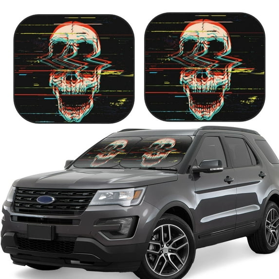 Kll Glitch Screaming Skull Windshield Sun Shade 2-Piece Foldable Car Front Window Sunshade For Most Sedans Suv Truck- Small