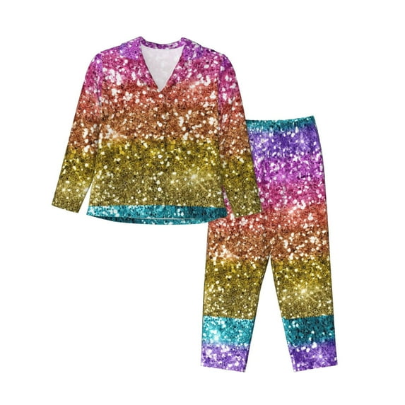 Kll Glitter Rainbow Print Women'S Long Sleeve Pajamas With Pants Sleepwear Loungewear 2 Set-Medium