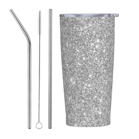 Kll Glittersilver Stainless Stainless Steel Vacuum Insulated Coffee Cup 20 Oz Lids And Straws,1 Metal Straws,1 Cleaning Brush