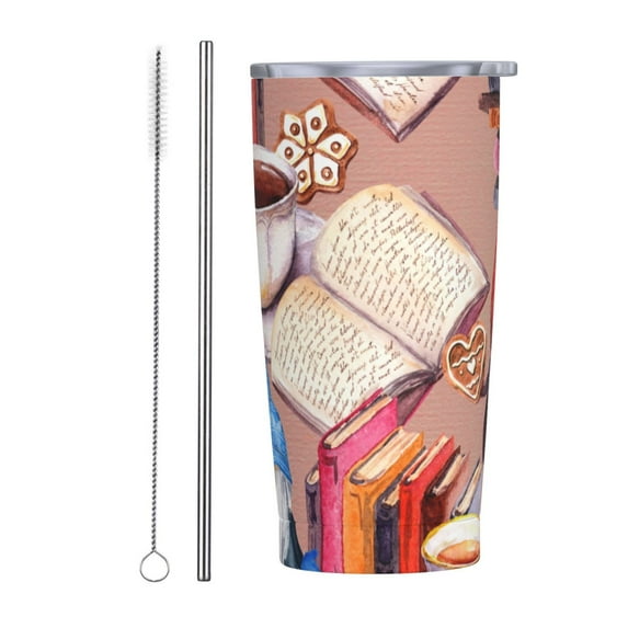 Kll Gnomes Books Tea Cups Stainless Steel Vacuum Insulated Coffee Cup 20 Oz Insulated Travel Mug Water Cup With Leak-Proof Straw Lid & Flip Lid,1 Metal Straws,1 Cleaning Brush