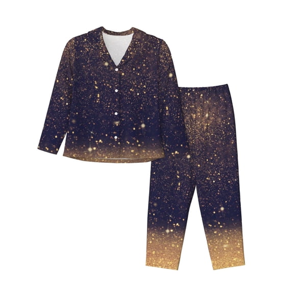 Kll Gold Black Glitter Print Women'S Long Sleeve Pajamas With Pants Sleepwear Loungewear 2 Set-Medium