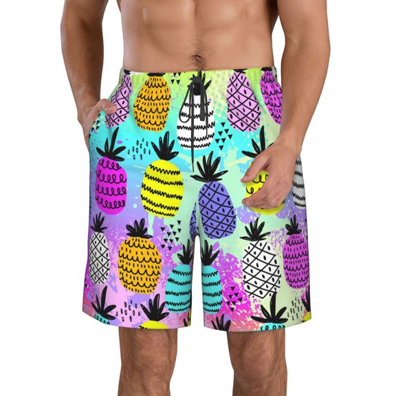 Kll Graffiti Pineapples On Neon Background Men'S Casual Summer Beach Shorts Hawaiian Shorts With Pockets-3x-Large