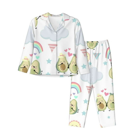 Kll Green Blue Avocado Print Women'S Long Sleeve Pajamas With Pants Sleepwear Loungewear 2 Set-Small