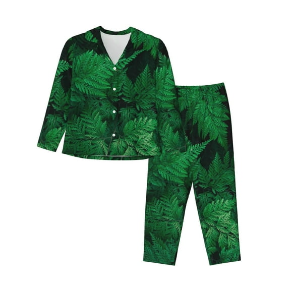 Kll Green Leave Fern Print Women'S Long Sleeve Pajamas With Pants Sleepwear Loungewear 2 Set-Xx-Large