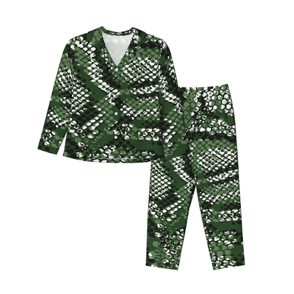 Kll Green Snakeskin Print Women'S Long Sleeve Pajamas With Pants Sleepwear Loungewear 2 Set-Small