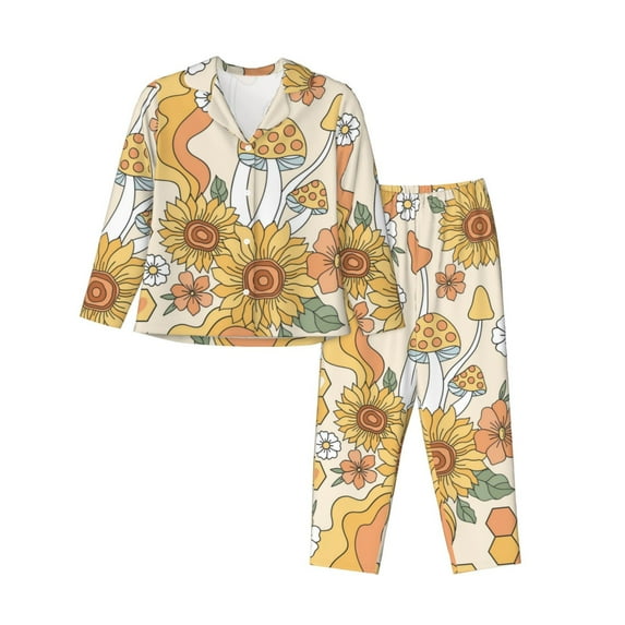 Kll Groovy Hippie Flower Mushrooms Print Women'S Long Sleeve Pajamas With Pants Sleepwear Loungewear 2 Set-Small