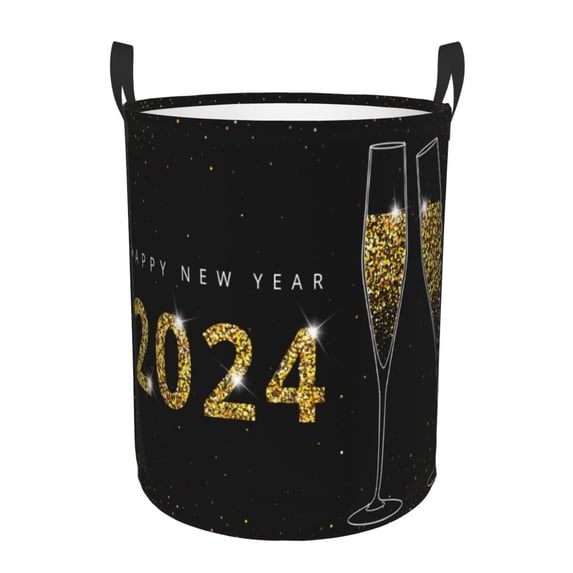 Kll Happy New Year 2024 Waterproof Foldable Laundry Hamper Bucket With Handles For Storage Bin,Kids Room,Home Organizer (Small)