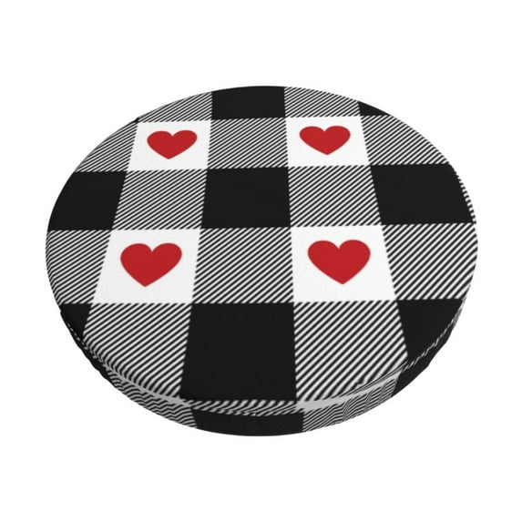 Kll Heart Black Buffalo Plaid Gingham Round Bar Chair Cushion Cover 12 Inch,Bar Stool Protector With Elastic, Soft Washable