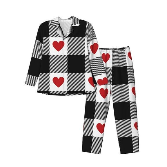 Kll Heart Black Buffalo Plaid Gingham Sleepwear Mens Flannel Pajamas,Long Cotton Pj Set