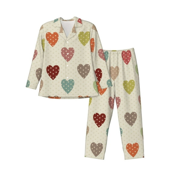 Kll Heart Polka Dot Sleepwear Mens Flannel Pajamas,Long Cotton Pj Set
