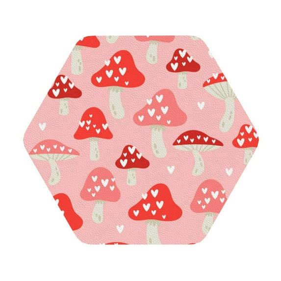 Kll Hexagon Drink Coasters Set Of 4,Pu Leather Absorbent Coasters Set Decorative Coffee Cup Coasters Housewarming Gift For Home Decor-Cute Mushroom1