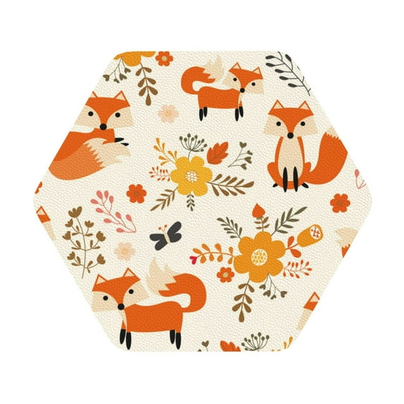 Kll Hexagon Drink Coasters Set Of 4,Pu Leather Absorbent Coasters Set Decorative Coffee Cup Coasters Housewarming Gift For Home Decor-Flower Fox