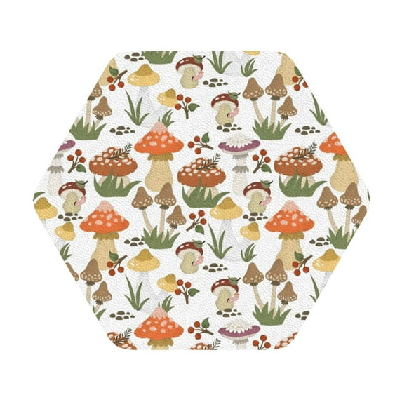Kll Hexagon Drink Coasters Set Of 4,Pu Leather Absorbent Coasters Set Decorative Coffee Cup Coasters Housewarming Gift For Home Decor-Mushrooms
