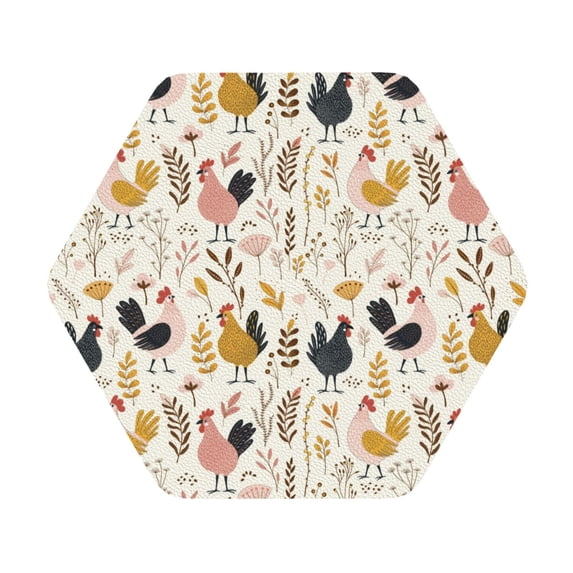Kll Hexagon Drink Coasters Set Of 4,Pu Leather Absorbent Coasters Set Decorative Coffee Cup Coasters Housewarming Gift For Home Decor-Cartoon Chickens