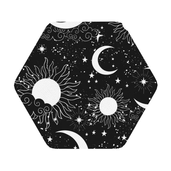 Kll Hexagon Drink Coasters Set Of 4,Pu Leather Absorbent Coasters Set Decorative Coffee Cup Coasters Housewarming Gift For Home Decor-Crescent And Stars