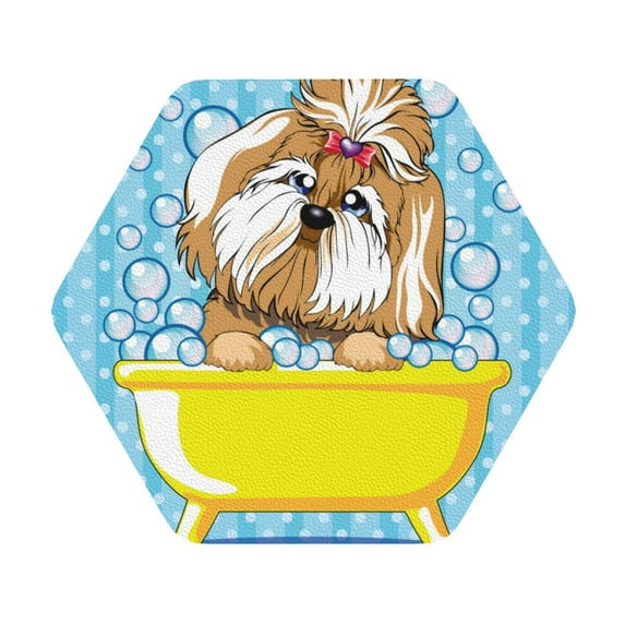 Kll Hexagon Drink Coasters Set Of 4,Pu Leather Absorbent Coasters Set Decorative Coffee Cup Coasters Housewarming Gift For Home Decor-Dog Takes A Bath In The Bathtub