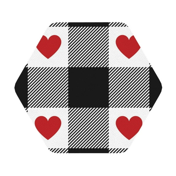 Kll Hexagon Drink Coasters Set Of 4,Pu Leather Absorbent Coasters Set Decorative Coffee Cup Coasters Housewarming Gift For Home Decor-Heart Black Buffalo Plaid Gingham