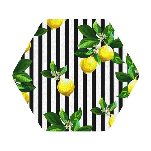 Kll Hexagon Drink Coasters Set Of 4,Pu Leather Absorbent Coasters Set Decorative Coffee Cup Coasters Housewarming Gift For Home Decor-Lemons On Striped