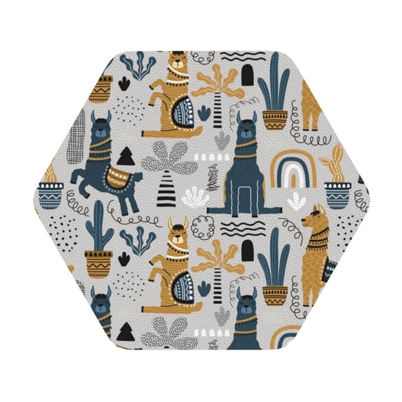 Kll Hexagon Drink Coasters Set Of 4,Pu Leather Absorbent Coasters Set Decorative Coffee Cup Coasters Housewarming Gift For Home Decor-Llama And Cactus1