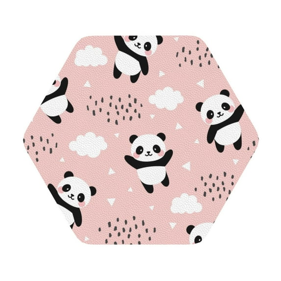 Kll Hexagon Drink Coasters Set Of 4,Pu Leather Absorbent Coasters Set Decorative Coffee Cup Coasters Housewarming Gift For Home Decor-Panda Flying In The Sky Between Clouds And Star