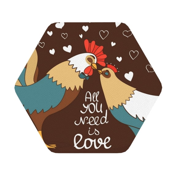 Kll Hexagon Drink Coasters Set Of 4,Pu Leather Absorbent Coasters Set Decorative Coffee Cup Coasters Housewarming Gift For Home Decor-Rooster And Chicken