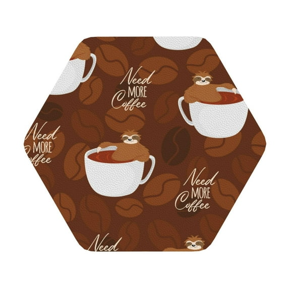Kll Hexagon Drink Coasters Set Of 4,Pu Leather Absorbent Coasters Set Decorative Coffee Cup Coasters Housewarming Gift For Home Decor-Sloths Need More Coffee