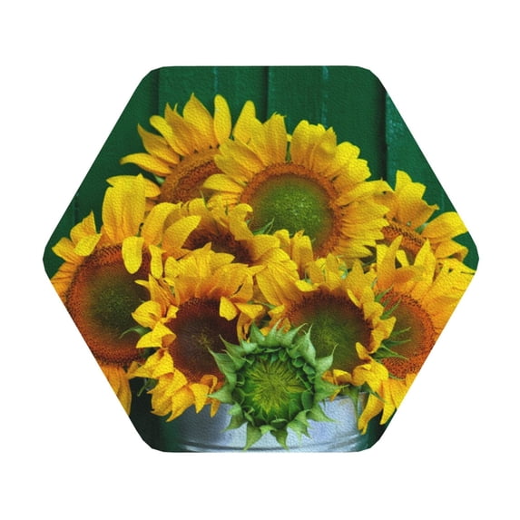 Kll Hexagon Drink Coasters Set Of 4,Pu Leather Absorbent Coasters Set Decorative Coffee Cup Coasters Housewarming Gift For Home Decor-Sunflowers In Bucket