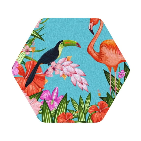 Kll Hexagon Drink Coasters Set Of 4,Pu Leather Absorbent Coasters Set Decorative Coffee Cup Coasters Housewarming Gift For Home Decor-Tropical Jungle Flamingo