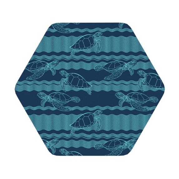 Kll Hexagon Drink Coasters Set Of 4,Pu Leather Absorbent Coasters Set Decorative Coffee Cup Coasters Housewarming Gift For Home Decor-Turtles And Waves
