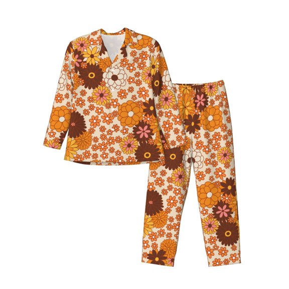 Kll Hippie Ditsy Floral Sleepwear Mens Flannel Pajamas,Long Cotton Pj Set