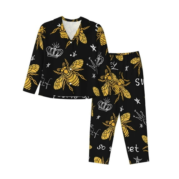Kll Hohey Bee Golden Embroidery Print Women'S Long Sleeve Pajamas With Pants Sleepwear Loungewear 2 Set-Xx-Large