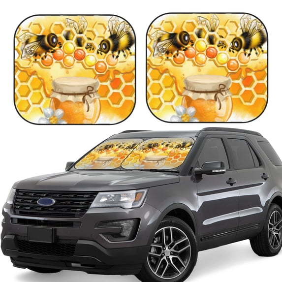 Kll Honey Bee Windshield Sun Shade 2-Piece Foldable Car Front Window Sunshade For Most Sedans Suv Truck- Large
