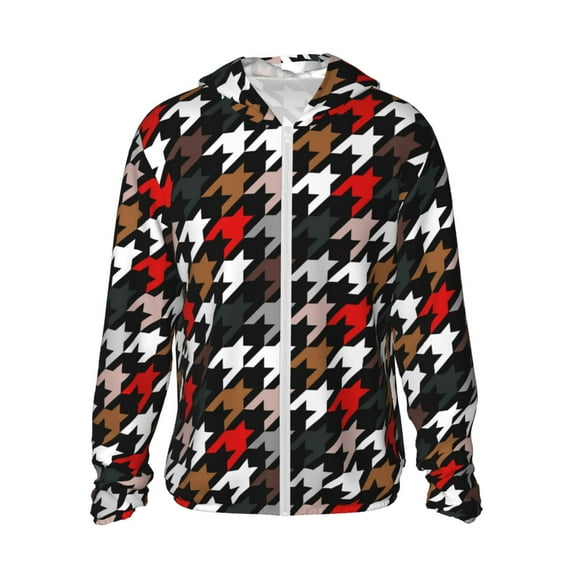 Kll Houndstooth Green Red Print Men'S Women’s Upf 50+ Sun Protection Outdoor Hoodie Jacket Long Sleeve Fishing Hiking Performance Shirt- 3x-Large