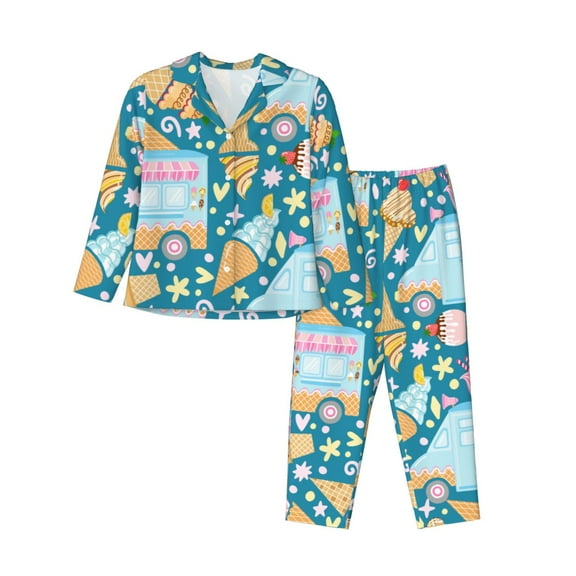 Kll Icecream Truck Print Women'S Long Sleeve Pajamas With Pants Sleepwear Loungewear 2 Set-Small