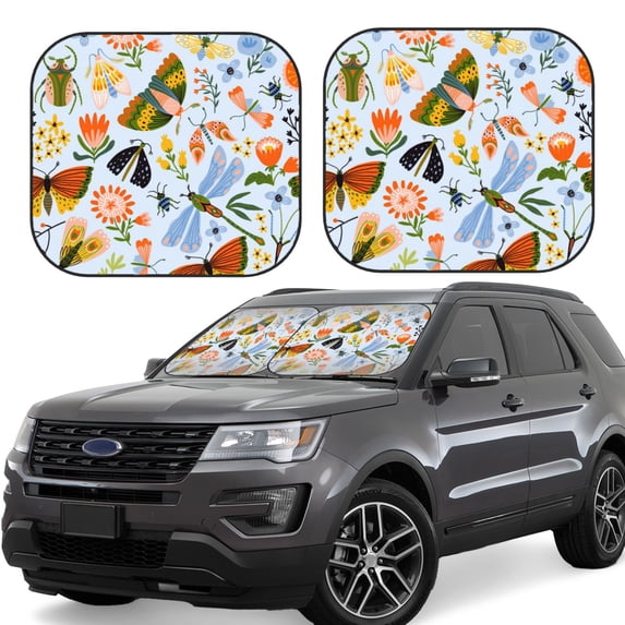 Kll Insects And Flowers Windshield Sun Shade 2-Piece Foldable Car Front Window Sunshade For Most Sedans Suv Truck- Small