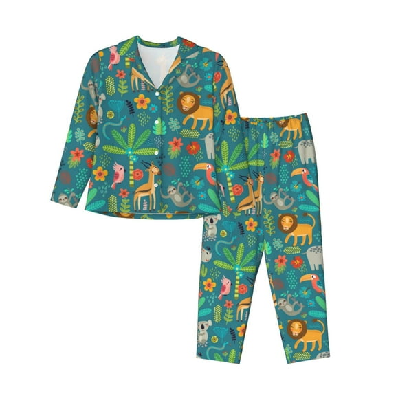 Kll Jungle Animals Print Women'S Long Sleeve Pajamas With Pants Sleepwear Loungewear 2 Set-Small