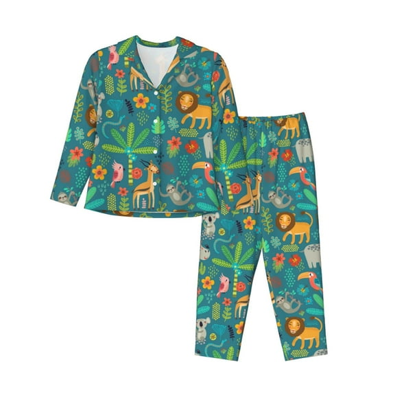 Kll Jungle Animals Print Women'S Long Sleeve Pajamas With Pants Sleepwear Loungewear 2 Set-Small