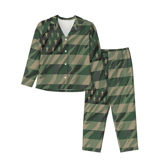 Kll Jungle Green Camo Usa Flag Print Women'S Long Sleeve Pajamas With Pants Sleepwear Loungewear 2 Set-Medium